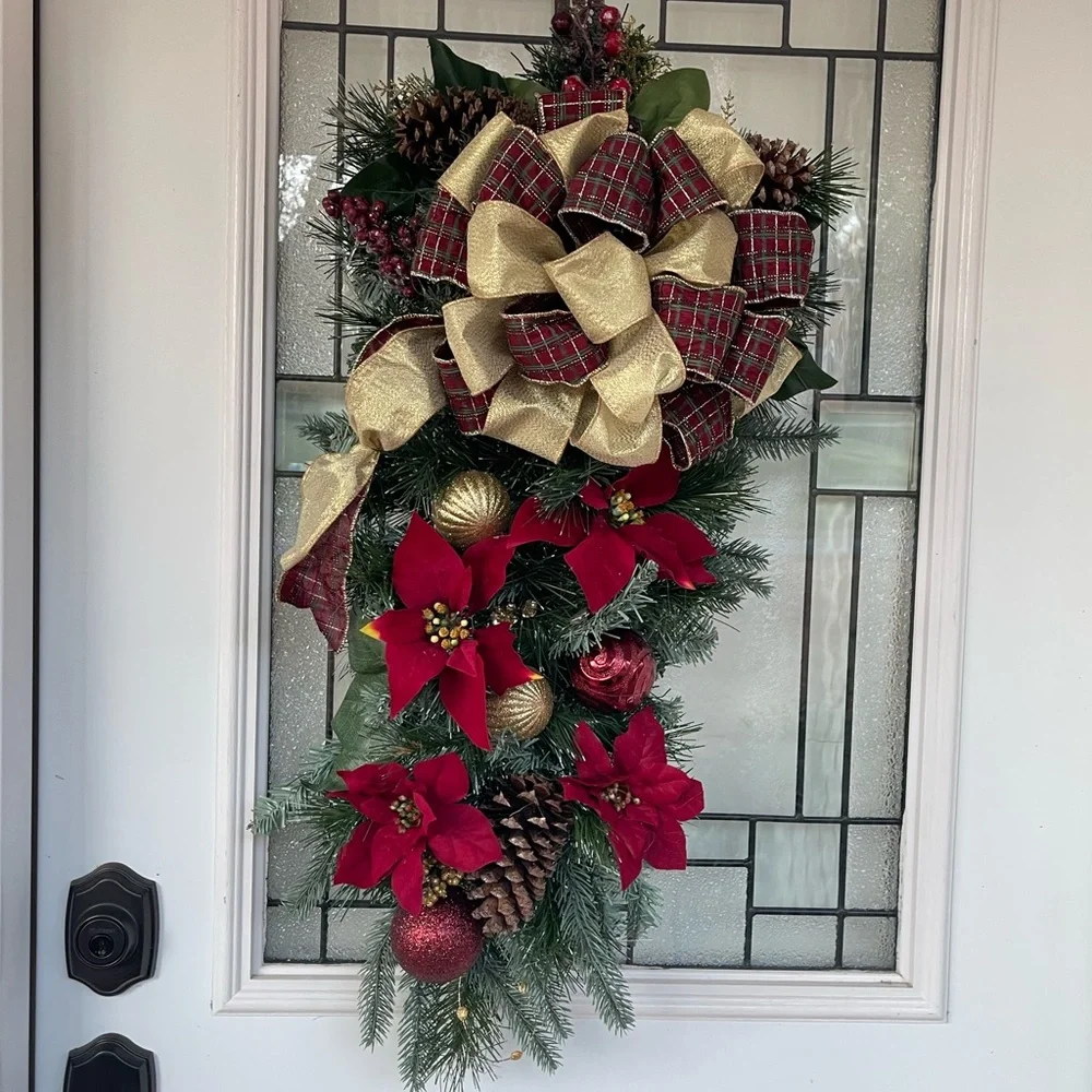 **Burgundy Poinsettia Christmas Teardrop Swag Wreath Front door
